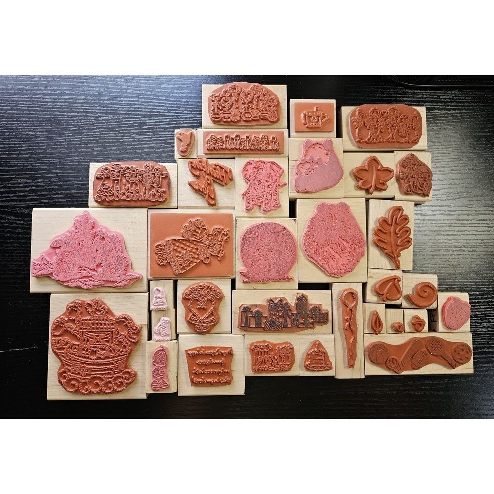Wooden Rubber Stamps Lot of 33 Variety of Sizes - Picture 2 of 12